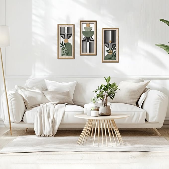 HPNIUB 3 PCS Boho Sage Green Wall Decor, Minimalist Mid Century Geometric Line Hanging Wood Sign for Living Room, 8x16Inch Modern Botanical Leaf Wooden Plaque for Apartment Bedroom Office Decoration