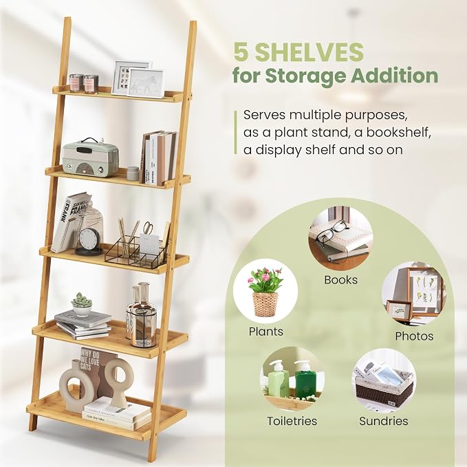 Tangkula 5-Tier Ladder Shelf Bookcase, Bamboo 72”H Wall-Leaning Bookshelf with Baffles and Anti-Tipping Kits, Plant Stand for Living Room Bathroom Home Office Decor, Ladder Bookshelf, Natural