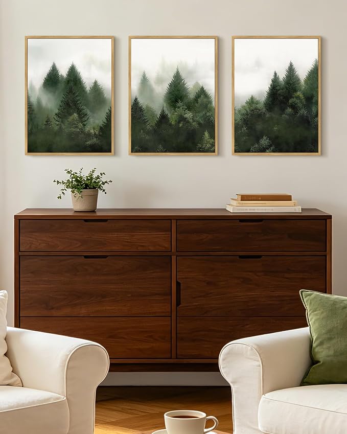 KUVIOKE Morden Green Fog Pine Tree Framed Canvas Wall Art Nature Nordic Forests Artwork Painting Bedroom Decor 12x16in (Natural Framed)