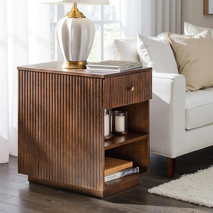 HULALA HOME Mid-Century Modern End Table with Drawer and Open Shelves, Solid Paulownia Wood Side Table, Brass Knob, No Assembly Required(Walnut)