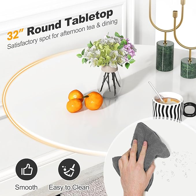Giantex White Round Dining Table, 32-inches Modern Tulip Kitchen Table with 0.9” Thickened Tabletop & Sturdy Metal Pedestal, Mid-Century Leisure Table for Small Places, Dining Room, Living Room, Cafe