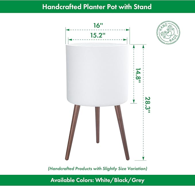 D'vine Dev 16 Inch Planter Pot with Stand, Mid-Century Tall Plant Pot with Legs for Indoor Plants, XX-Large, White, 88-O-E-1