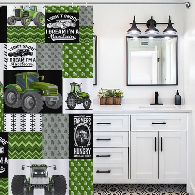 Tractor Shower Curtains Cartoon Farm Kids Tractor Boys Girls Truck Car Harvester Excavator Waterproof Shower Curtains for Bathroom Decor 12 Pack Hooks 55x72in（140x183cm）
