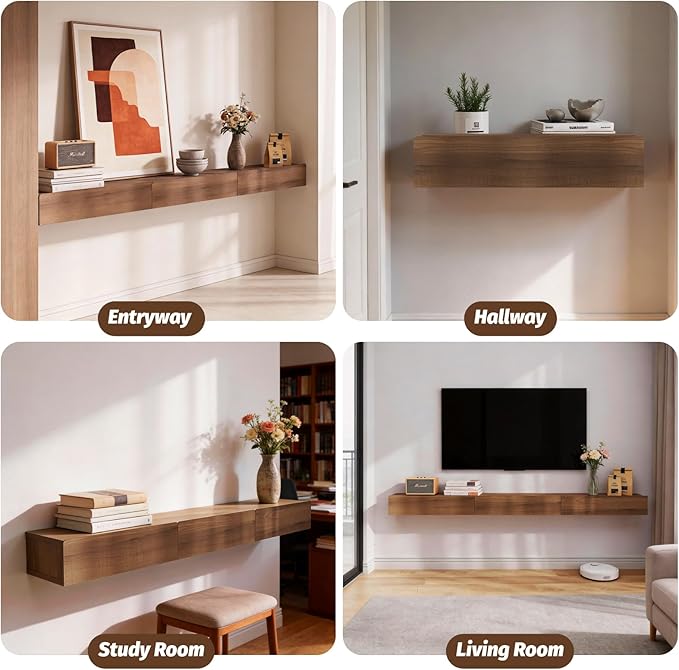 Floating Solid Wood Console Table, 71'' Wall Mounted Narrow Entryway Table with Storage Shelf, Modern Couch Shelves Small Entry Way Tables for Entryway, Front Hall, Hallway (Walnut, 70.86IN)
