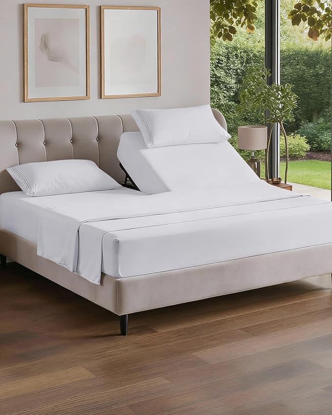 Flex Top Split Head King 4 Piece Sheet Set - Ultra-Soft, Breathable & Cooling Bed Sheets Set - Hotel Luxury Bedding for Women & Men with Deep Pockets - Wrinkle Free & Fade Resistant - Oeko-Tex - White