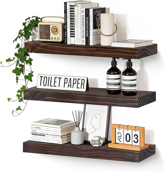 Floating Wall Shelves 24x6.8x1.7 Inch – Solid Wood Rustic Shelves in Walnut Finish – Wall Mounted Display Shelf for Bathroom, Kitchen, Bedroom – Set of 3