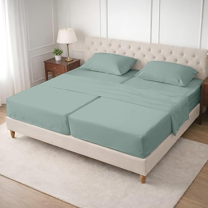 SGI Split King Sheet Set for Adjustable Bed Egyptian Premium Cotton 600 Thread Count Sheets for Sleep Number Bed 15" Deep Pocket 5 Pc Set with 2 Twin XL Fitted Sheets Soft Breathable -Aqua Green