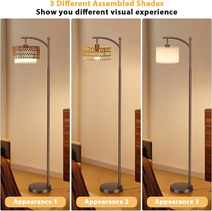 Ambimall Arc Floor Lamp for Living Room with Remote, Color Temperature & Brightness Adjustable, Boho Standing Lamp with Rattan & Fabric Double Drum Shades, Bulb Included(Brown)