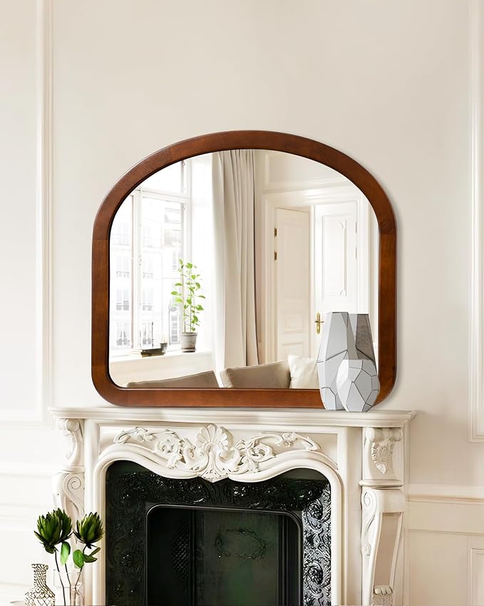 Arched Mirror 34 x 29 Inch,Walnut Brown Wood Rustic Bathroom Tempered Wall Mirror with Wood Frame,Round Corner Arch Farmhouse Wooden Vanity Mirror for Living Room,Entryway or Bedroom