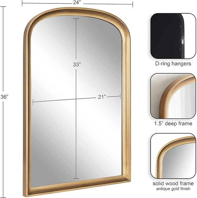 Kate and Laurel Hatherleigh Modern Arched Wooden Wall Mirror, 24 x 36, Gold, Decorative Wood Basket Arch Mirror for Use in Bathroom, Entryway, or Bedroom