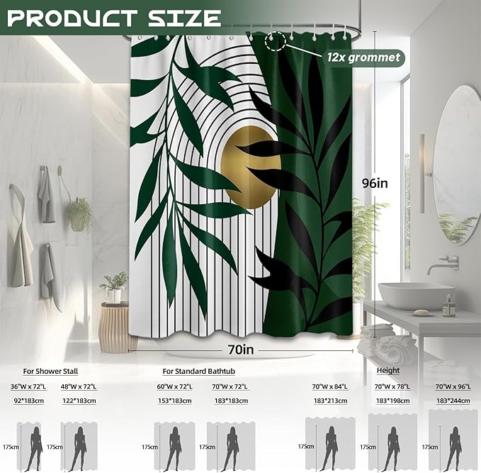Olive Green and Gold Shower Curtain, Boho Modern Mid Century Shower Curtains for Bathroom Decor Set, Waterproof Fabric with Hooks, 70" W x 96" L