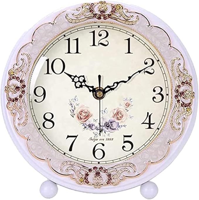 Justup Vintage Wooden Table Clock, Retro Non-Ticking European Style Beside Mantle Desk Clock Battery Operated Silent Quartz Movement for Bedroom Living Room Indoor Decor (White-Rose)
