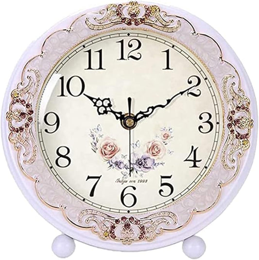 Justup Vintage Wooden Table Clock, Retro Non-Ticking European Style Beside Mantle Desk Clock Battery Operated Silent Quartz Movement for Bedroom Living Room Indoor Decor (White-Rose)