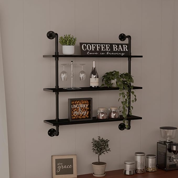 HDDFER Industrial Pipe Shelf Shelving Bookcase, Wall Mounted Rustic Bookshelf, Floating Bookshelves for Wall,Retro Wood Metal Pipe Industrial Shelves for Living Room