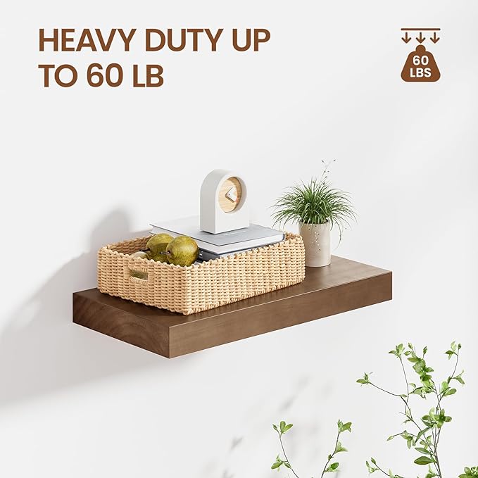Heimlove 16 Inch Floating Shelves for Wall Walnut Shelves Set of 2,Wall Mounted Rustic Wood 8 Inch Deep Floating Shelf with Invisible Brackets for Bedroom Kitchen Living Room
