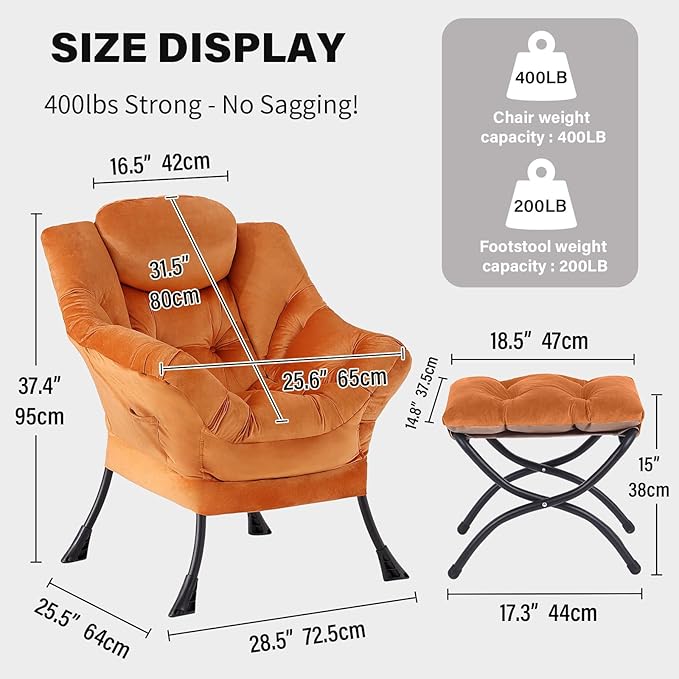 Tiita Lazy Chair with Ottoman, Orange Modern Large Accent Armchair, Comfy Leisure Sofa Reading Chair with Footrest for Bedroom, Living Room, Dorm Rooms, Garden, Velvet Orange