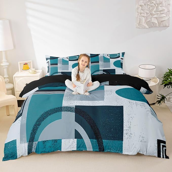 Abstract Striped Circle Duvet Cover Set Toddler Size,Minimalist Aesthetic Geometric Bedding Set,Boys Girls Room Decor,Graffiti Retro Squares Comforter Cover,Teal Quilt Cover,1 Pillowcase(No Filler)