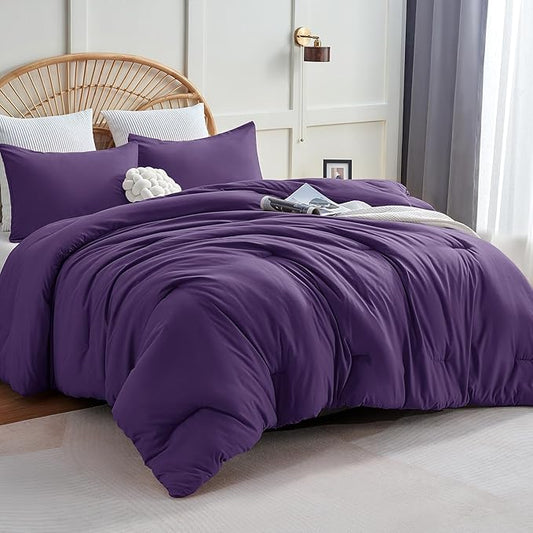 CozyLux Full Size Comforter Set Purple, 3 Pieces Lightweight Down Alternative Quilted Bedding Sets, All Season Soft Breathable Solid Comforter with 2 Pillowcases, Luxury Bed Set Gift for Home