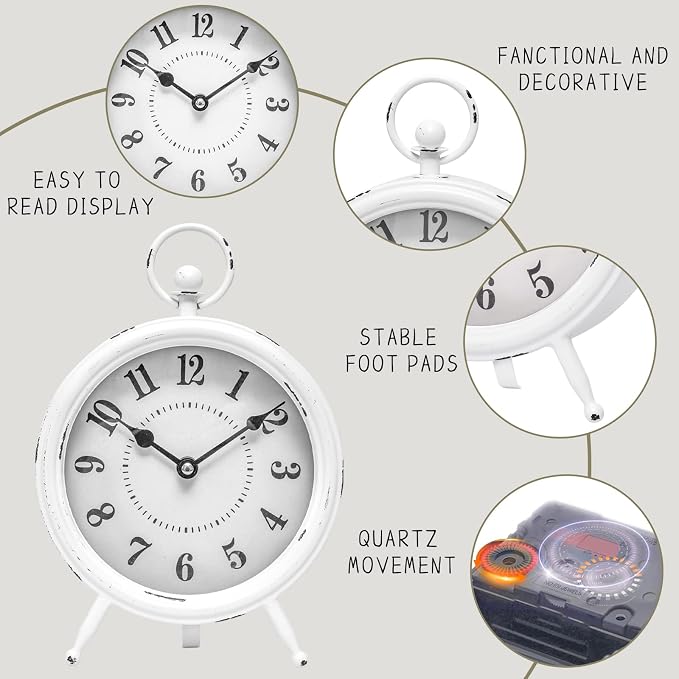 EMAX HOME Vintage Rustic White Table Clock on Stand, Decorative Desk & Shelf Clock, Rustic Mantel Farmhouse Non-Ticking