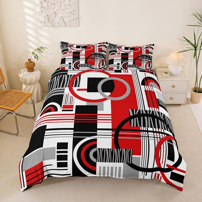 Erosebridal Art Deco Mid Century Duvet Cover Set Retro Modern Abstract Geometric Full Size Bedding Sets for Preteen Boys Girls Black and White Red Circles Stripes Comforter Cover Contemporary Bed Set