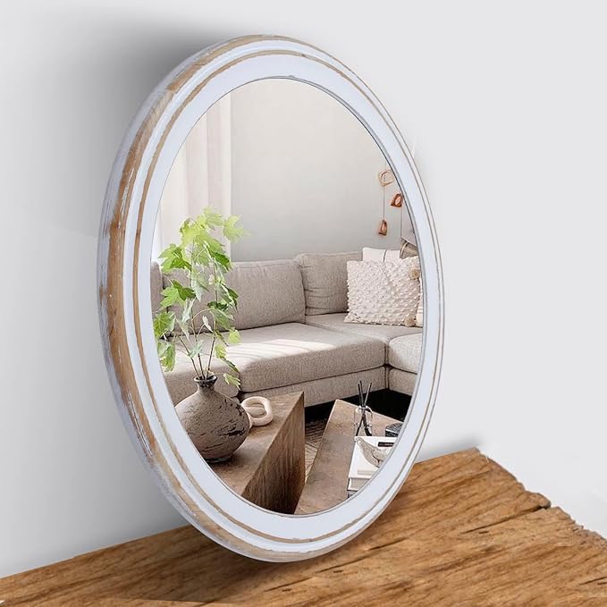 Reflinto 30 Inch Rustic Farmhouse Wooden Round Mirrors for Wall Decor, | Washwhite Decorative Circle Mirror for Bathroom Over Sink, Entryway, Living Room, Foyer