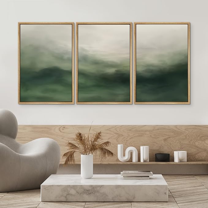 SIGNWIN Framed Canvas Print Wall Art Set Abstract Green Misty Landscape Illustrations Modern Art Decorative Boho Relax/Zen Nordic for Living Room, Bedroom, Office - 24"x36"x3 Natural