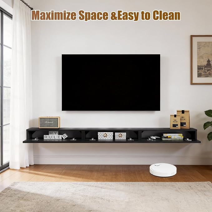 Floating Solid Wood Console Table, 71'' Wall Mounted Narrow Entryway Table with Storage Shelf, Modern Couch Shelves Small Entry Way Tables for Entryway, Front Hall, Hallway (Black, 70.86IN)