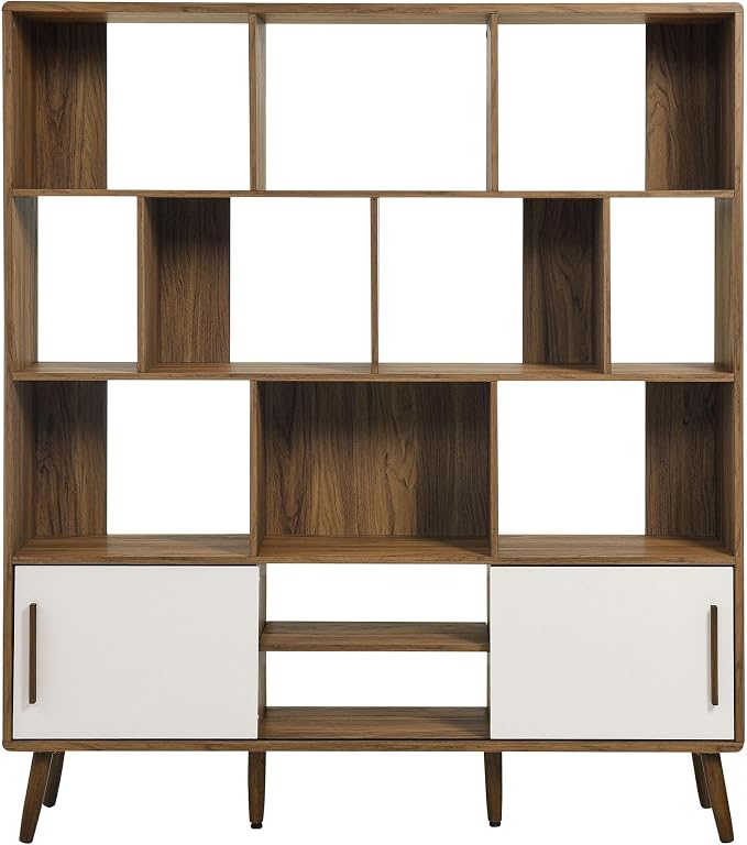 Modway Transmit 14 Shelf Bookcase with Sliding Doors in Walnut Linen - 59 Inch Wood Mid-Century Modern Bookshelf - 4 Tier Wide Open Display Storage Cabinet for Living Room, Office, Hallway