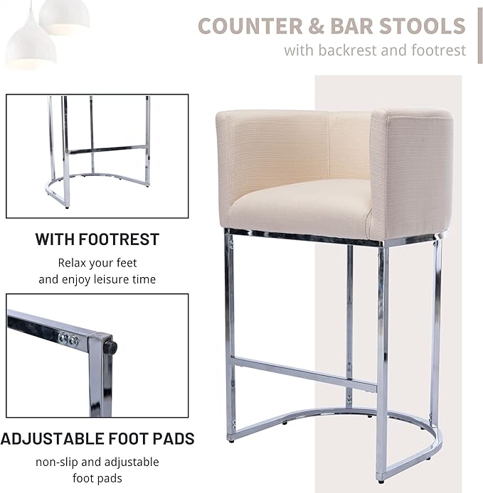 Contemporary Cream Linen Bar Stools Set of 3, 29" Upholstered Fabric Counter Height Barstools Kitchen Counter Island Stools with Screwed Together Chrome Finish Base