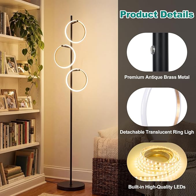Bairth Black Floor Lamp with 3 Lights, Modern LED Tree Floor Lamp for Living Room, 17W Stepless Dimmable Tall Standing Lamp with 3 Detachable Circular Lights for Reading, Bedroom, Office, Matte Black
