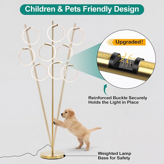 Bairth Gold Floor Lamp with 3 Lights, Modern LED Tree Floor Lamp for Living Room, 17W Stepless Dimmable Tall Standing Lamp with 3 Detachable Circular Lights for Reading, Bedroom, Office, Antique Brass