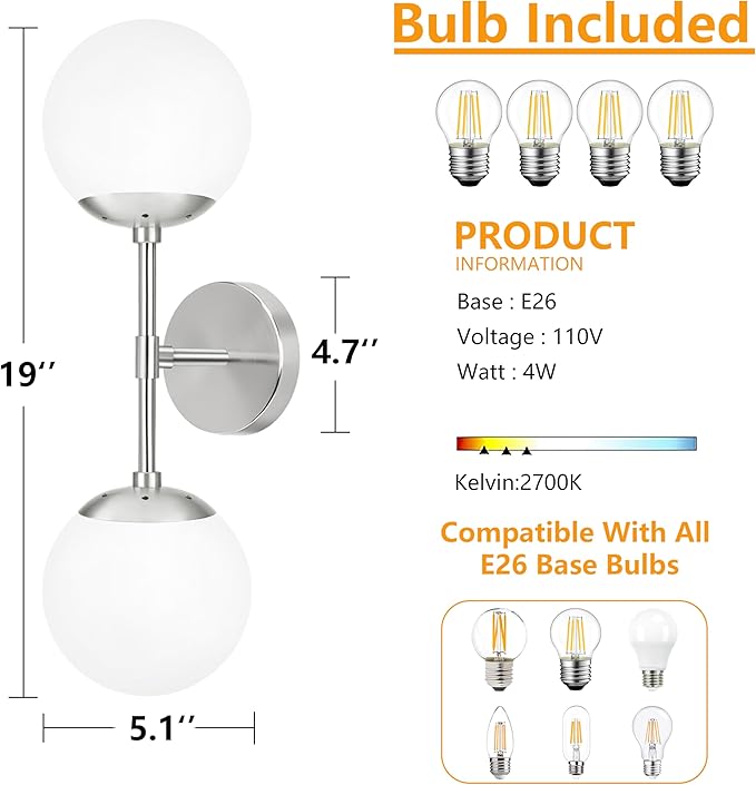 KoKo&Yukina Nickel 2 Pack Vanity Light Fixtures Mid Century Modern Bathroom Vanity Light Globe Sconce with Milky White Glass for Bathroom Bedroom