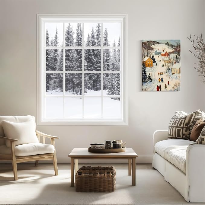 Framed Winter skiing Scene Canvas Wall Art Nordic Landscape Painting Print Poster Picture Gallery Wall Decoration Living Room Bedroom Dining room 16X24 Inch Ready to Hang