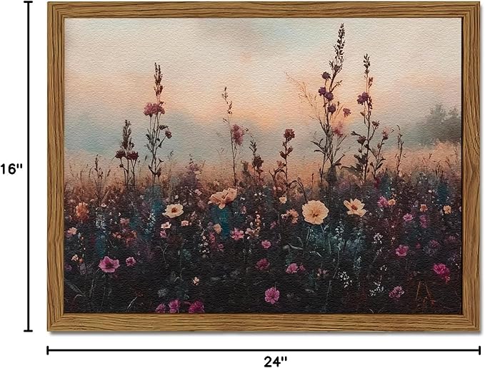 Vintage Flower Wall Art, Dark Floral Wall Decor Painting, Framed 3D Textured Hand Drawn Sandstone Farmhouse Landscape Pictures Artwork for Living Room Bedroom 16x24 inch Wood Frame