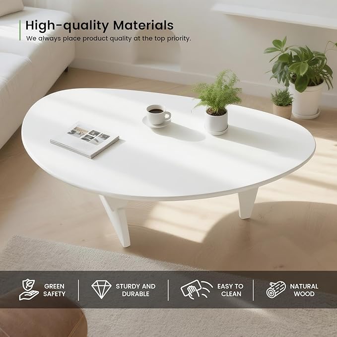 Solid Wooden Modern Triangle Coffee Table: Unique Funky Coffee Tables for Living Room, Oval Mid-Century Irregular Abstract Tea Tables for Patio Office Balcony Bedroom (White, 43" L x 31" W x 16" H)