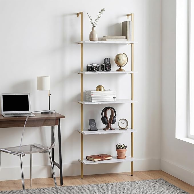aboxoo Ladder Shelf 2PCS White Marble Bookshelf 5-Tier Wall-Mounted Wood Rack Open Industrial Modern Plant Flower Stand Utility Organizer Bookcase Metal Frame Furniture Office Kitchen Bedroom