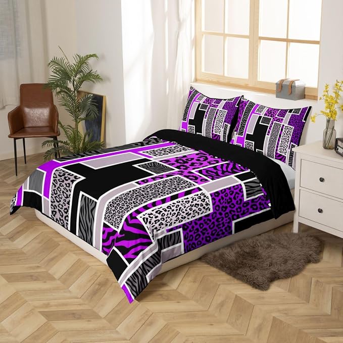 Erosebridal Leopard Print Comforter Cover Queen Zebra Skin Texture Geometric Patchwork Bedding Set Purple Black Square Stripes Duvet Cover for Kids Teen Adults,Rustic Farmhouse Animal Bed Set