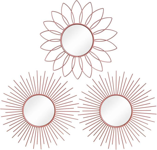 3 Pack Metal Mirrors for Wall Sunburst Wall Mirrors Home Décor Decorative Hanging Wall Art for Living Room Bedroom Entryway (Pink, Flower+Sunburst)