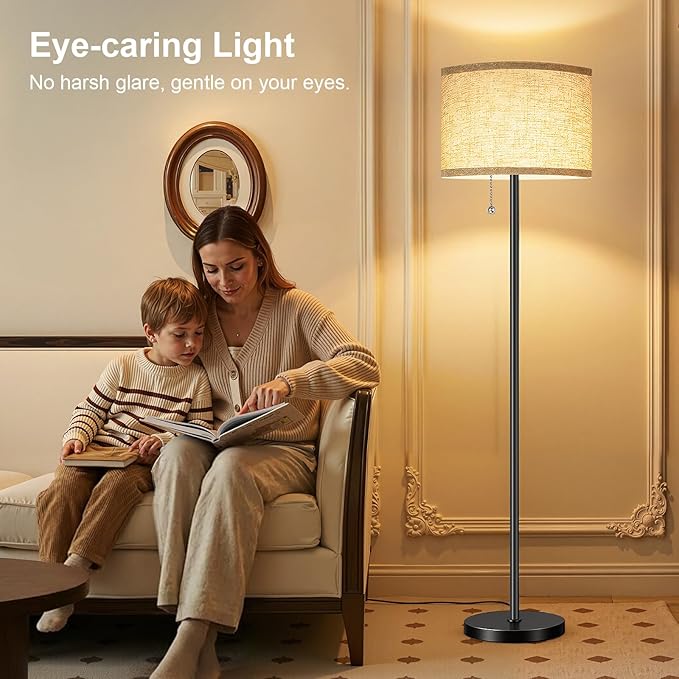 Floor Lamp, Floor Lamps for Living Room 3 Color Temperature Standing Lamp with Pull Chain Switch, Black Floor Lamp with Lampshade, Modern Tall Light for Bedroom Office(9W Bulb Included)