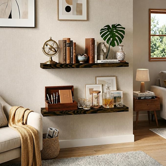 Howizz 24'' Wood Floating Shelves for Wall, Acacia Wood Wall Mounted Shelves with Invisible Brackets, Rustic Wooden Shelf Set of 2 for Living Room, Bedroom, Bathroom, Kitchen Decor, Dark Brown Finish