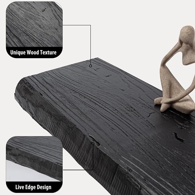 SAUMONIERES Live Edge Floating Shelves for Bedroom Living Room Wall Mounted Storage Long Natural Elm Wood Shelf Large Heavy Duty 8 Inch Deep, 24 inch Set of 2 Black Floating Shelves
