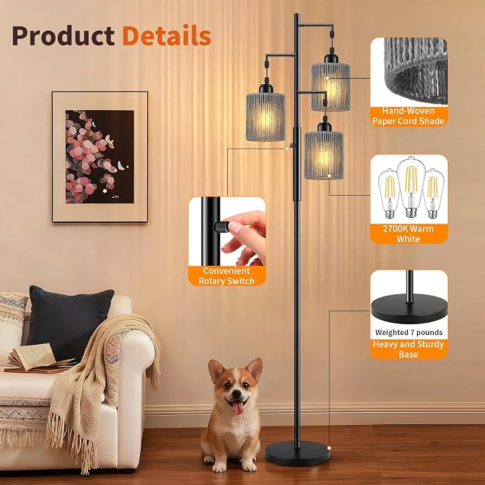 Hotsonic 72" Tall Boho Rattan Style Floor Lamp with Hand-Woven Paper Cord Shade, Dimmable Industrial Tree Standing Lamp for Living Room, Bedroom, Study Room, Office (3 x 800LM Bulbs Included) - Black