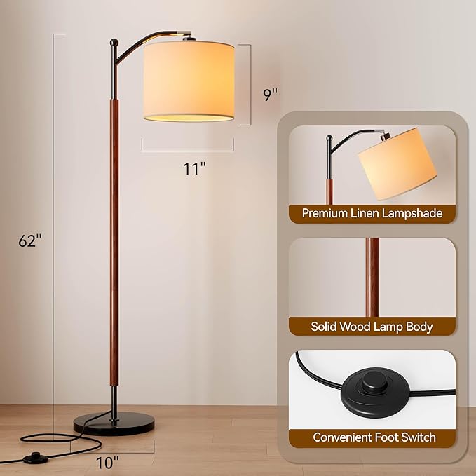 Arc Wood Floor Lamp, Corner Modern Mid Century Lamp with Linen Shade & Marble Base, Floor Lamp for Reading - Adjustable Standing Light for Living Room, Bedroom and Home Office, Walnut