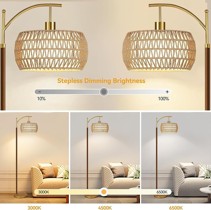 ILLMTW Boho Floor Lamp for Living Room,Bedroom,Rattan Standing Lamp with Remote Dimmable,Wood Vintage Mid Century Modern Gold Tall Lamp Wicker Lamp Shade Floor Lights Bohemian Tiffany Style