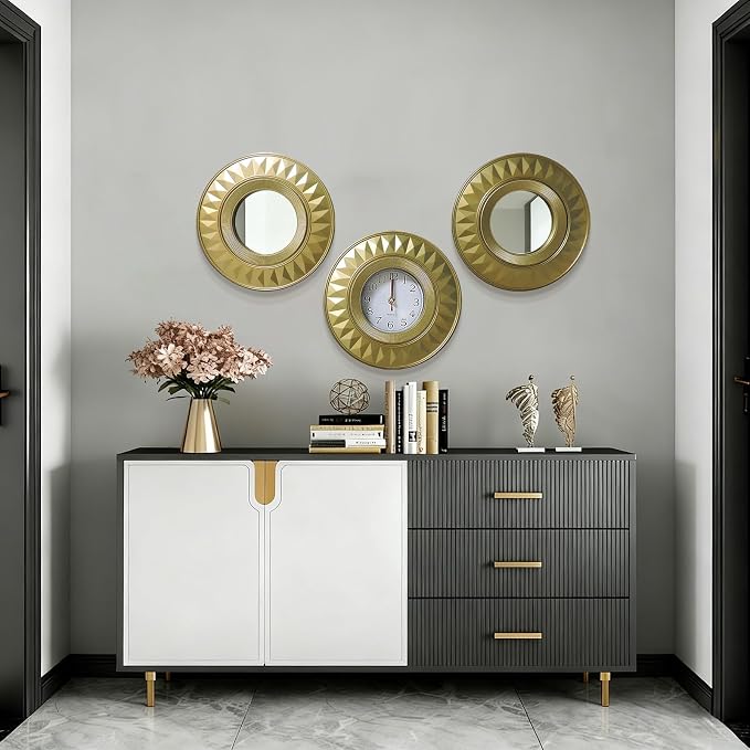 3 Pcs Gold Retro Sunburst Wall Decor Set, 9.8 Inch Round Clock & 2 Mirrors Wall Art, Vintage Sunburst Style Decor for Living Room Bedroom Bathroom, Lightweight & Easy to Install