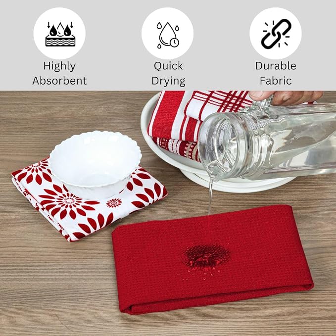 Assorted Kitchen Towels 100% Cotton Large 16x26 Inch Set of 5 - Soft Highly Absorbent Durable Reusable - Perfect for Drying Cleaning Everyday Kitchen Use - Quick Drying Dish Towels Red