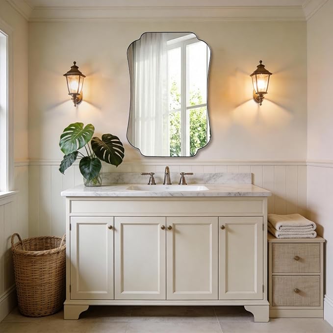 ANDY STAR 26"x38" Brushed Nickel Mirror, Scalloped Bathroom Wall Mirror with Metal Frame for Vanity, Scalloped Edge Design for Entryway, Living Room & Bedroom