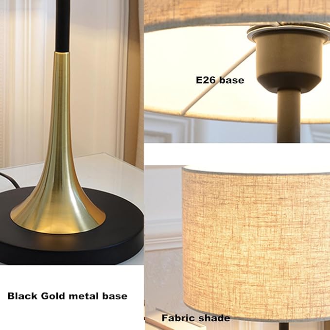Vintage Bedside Table Lamp, 3 Way Dimmable Mid Century Modern Table Lamps for Living Room, Fabric Shade Black Gold Base Small Desk Lamp for Side end Table Bedroom Office