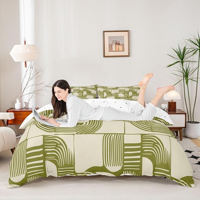 Erosebridal Boho Ethnic Boys Duvet Cover Toddler Geometric Stripes Bedding Set 2 Piece Light Olive Green Bohemian Striped Comforter Cover Modern Simple Aesthetics Bed Sets for Kids Teens Adult Men