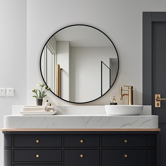 Round Mirror, Wall Mounted Circle Mirror with Brushed Metal Frame, Circular Mirrors for for Bathroom, Living Room, Vanity, Bedroom, Entryway, 30inch, Black